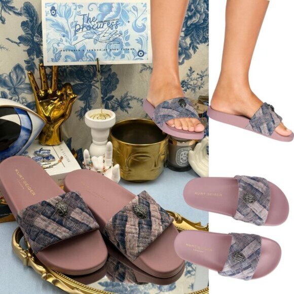 🆕 KURT GEIGER LONDON 🧿 NWOB Pink Bleach Denim Meena Eagle Slides, Sz 38 US7.5 - Picture 1 of 13